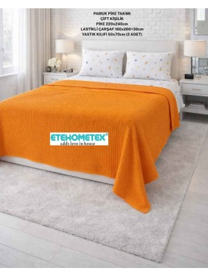 ETEHOMETEX ÇİFT KİŞİLİK %100 PAMUK HAVUZLU PİKE TAKIMI TURUNCU 8696474232074